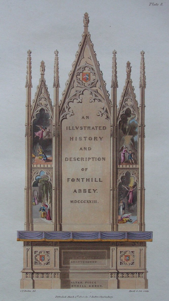Aquatint - Altar Piece Fonthill Abbey  - Havell